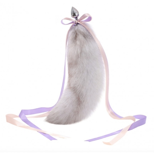Анальна пробка з пухнастим біло-сірим хвостом Detachable Fluffy Fox Tail Plug - 2