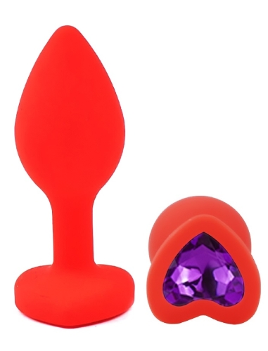 Силіконова червона анальна пробка з фіолетовим кристалом у формі серця EGZO Silicone Heart Plug розмір S - 2