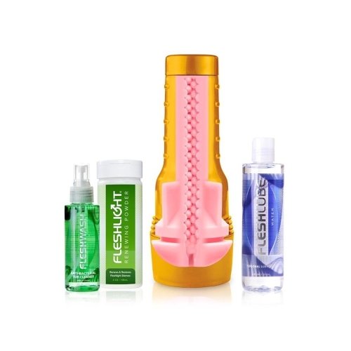 Набор из мастурбатора в колбе вагина телесного цвета и средств гигиены Fleshlight - 4