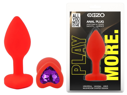 Силіконова червона анальна пробка з фіолетовим кристалом у формі серця EGZO Silicone Heart Plug розмір S - 1