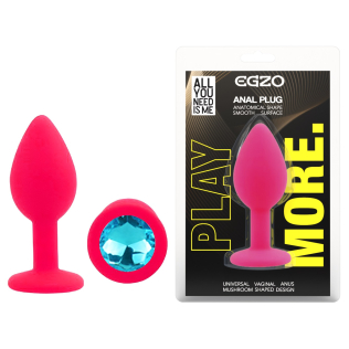 Силіконова рожева анальна пробка із блакитним кристалом EGZO Silicone Round Plug розмір S