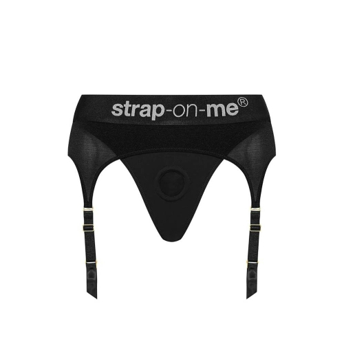 Трусики для страпону з підтяжками для панчох чорного кольору Strap On Me розмір L - 9