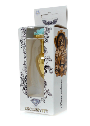 Анальний затор золотистого кольору з блакитною трояндочкою Boss series Plug Jewellery - 7