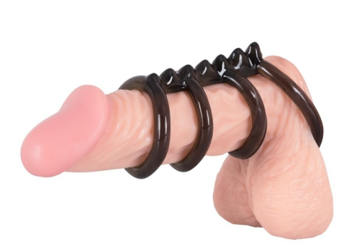 Насадка на член из четырех колец черного цвета Bad Kitty Cock4 rings - 6