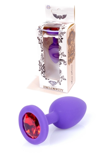 Анальная пробка силиконовая фиолетового цвета с красным камушком Boss series Jewellery - 1