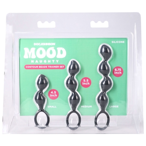 Набір анальних пробок кулястих з кільцем чорного кольору Doc Johnson Mood Naughty Contour Beads Trainer Set - 5