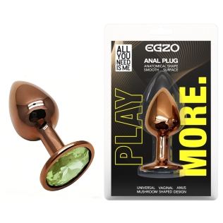 Анальная пробка золотистая из нержавеющей стали с зеленым кристаллом EGZO Round Plug размер S