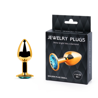 Металева анальна втулка Anal Jewelry Plugs з блакитним кристалом L72 мм D28 мм Вага 50г золота