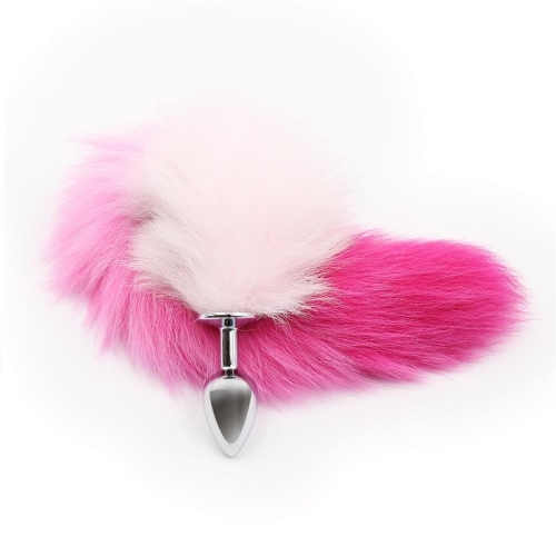 Анальная пробка металлическая серебристая с розовым хвостом Latetobed Butt Plug Pink White Tail размер S - 2