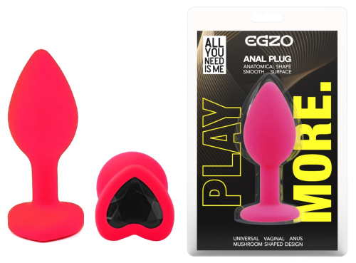 Силиконовая розовая анальная пробка с черным кристаллом в форме сердца EGZO Silicone Heart Plug размер S - 1
