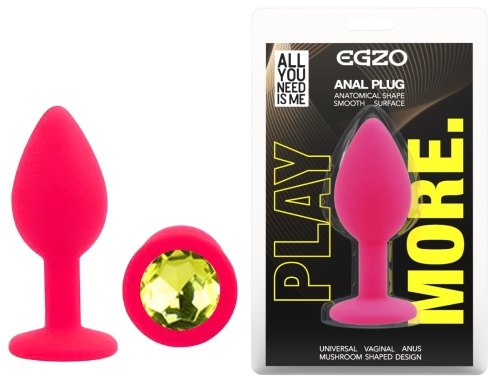 Силіконова рожева анальна пробка із салатовим кристалом EGZO Silicone Round Plug розмір S - 1