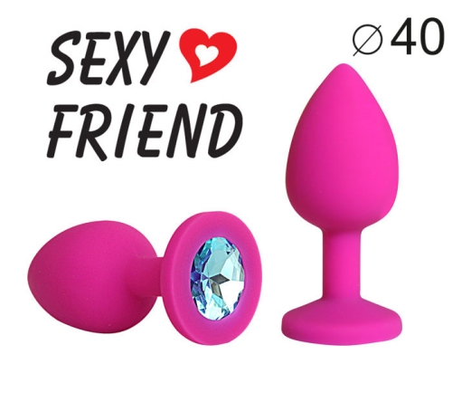 Силіконова анальна пробка кольору фуксія з блакитним стразом Sexy Friend L 95 мм, d 40 мм - 2