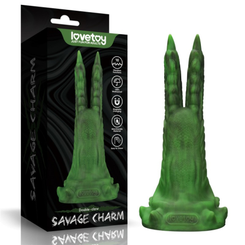 Двойной вибратор монстр на присоске зеленого цвета Lovetoy Savage Charm Double Claw - 1