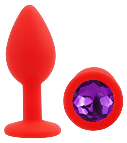 Силіконовий червоний анальний затор з фіолетовим кристалом EGZO Silicone Round Plug розмір S - 2