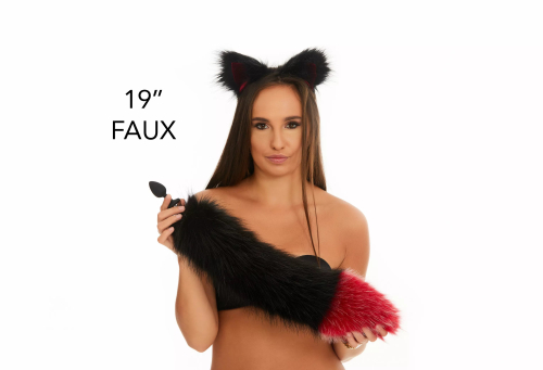Анальний хутряний хвіст без пробки Чорний з темно-червоним кінчиком OKOVA 500 мм - 1