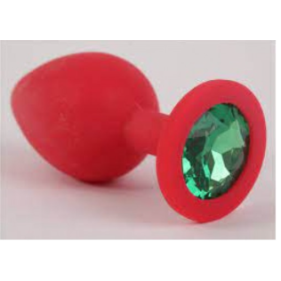 Анальна пробка силіконова червоного кольору із зеленим кристалом Crystal Emerald розмір S