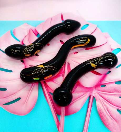Двухсторонний фаллоимитатор стеклянный черного цвета Secret kisses Handblown double ended dildo длина 190 мм - 6