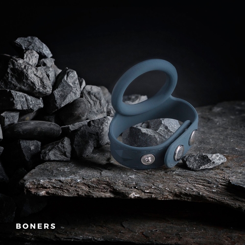Эрекционное кольцо на член с ремешком для мошонки серого цвета Boners размер L - 3