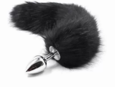 Анальная серебристая пробка черный лисий хвост DS Fetish Anal plug S faux fur fox tail Black polyeste размер S - 1