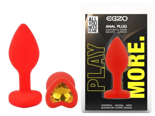 Силіконова червона анальна пробка із золотистим кристалом у формі серця EGZO Silicone Heart Plug розмір S - 1