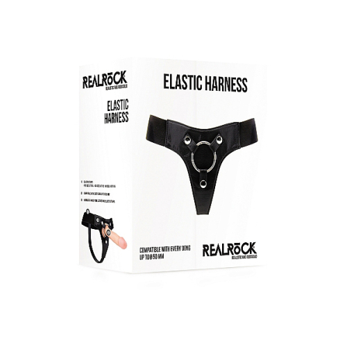 Трусики для страпона с кольцом из натуральной кожи черные RealRock Elastic Harness размеры S-XL - 2