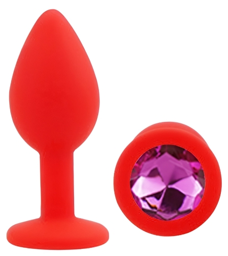 Силіконова червона анальна пробка із малиновим кристалом EGZO Silicone Round Plug розмір S - 2