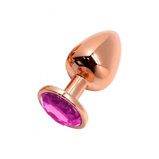Анальная пробка Золотистого цвета с Розовым камушком Wooomy Tralalo Rose Gold Metal Plug Magenta размер M