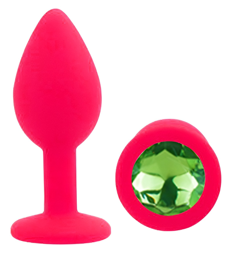 Силіконова рожева анальна пробка із зеленим кристалом EGZO Silicone Round Plug розмір S - 2