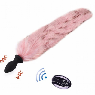 Анальная вибропробка черного цвета с розовым хвостом и пультом ДУ Loveshop Pink