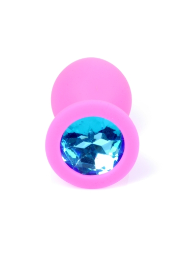 Анальний корок силіконовий рожевого кольору з блакитним камінчиком Boss series Plug Jewellery - 3
