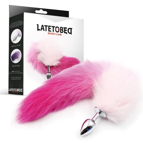 Анальная пробка металлическая серебристая с розовым хвостом Latetobed Butt Plug Pink White Tail размер S - 1