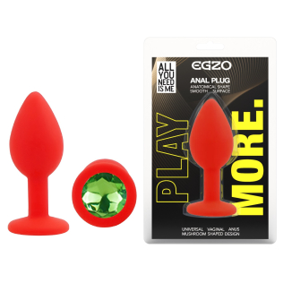 Силиконовая красная анальная пробка с зеленым кристаллом EGZO Silicone Round Plug размер S