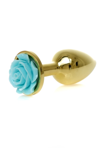 Анальний затор золотистого кольору з блакитною трояндочкою Boss series Plug Jewellery - 3