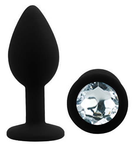 Силиконовая черная анальная пробка с прозрачным кристаллом EGZO Silicone Round Plug размер S - 2
