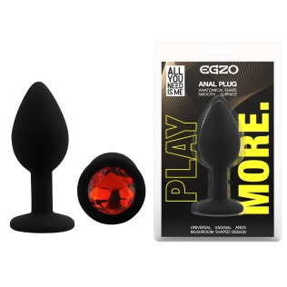 Силиконовая черная анальная пробка с красным кристаллом EGZO Silicone Round Plug размер S