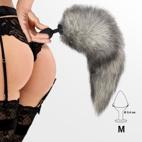 Анальная силиконовая пробка с серым хвостом M из натурального меха Art of Sex - 4