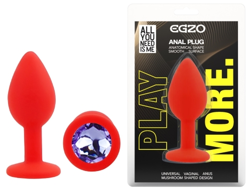Силіконова червона анальна пробка із бузковим кристалом EGZO Silicone Round Plug розмір S - 1