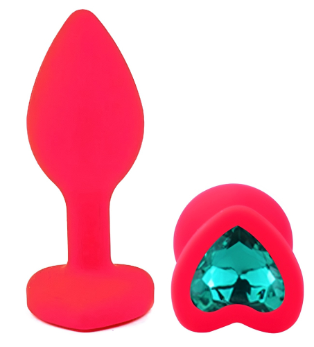 Силіконова рожева анальна пробка з бірюзовим кристалом у формі серця EGZO Silicone Heart Plug розмір S - 2