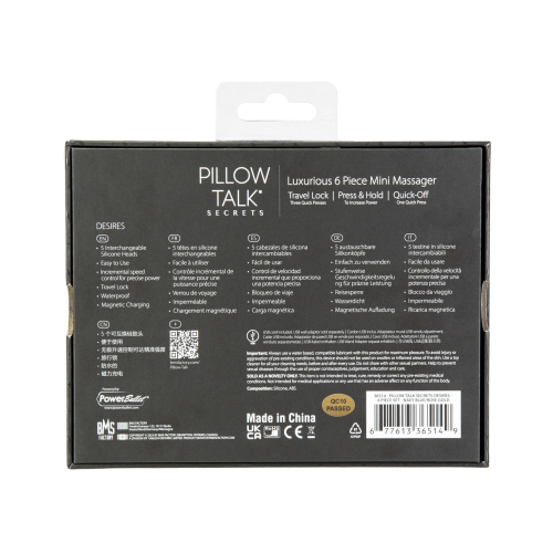Вібромасажер Ванд золотистого кольору з 5 синіми насадками Pillow Talk Secrets Desires 6 Piece Mini Massager - 12