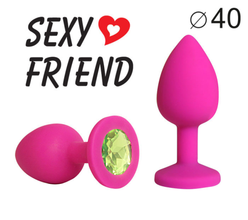 Силіконова анальна пробка кольору фуксія з світло-зеленим стразом Sexy Friend L 95 мм, d 40 мм - 1