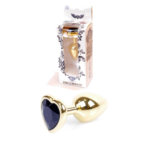Анальний корок золотистого кольору з чорним камінчиком у формі серця Boss series Jewellery - 1