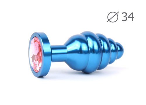 Анальная пробка BLUE PLUG MEDIUM синего цвета с розовым кристаллом - 1