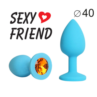 Анальная пробка силиконовая Sexy Friend голубая с оранжевым кристаллом L 9,5 см D 4 см