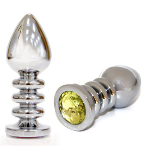 Втулка металева рифлена срібляста з жовтим каменем Anal Jewelry Plugs L 100 мм d 38 мм